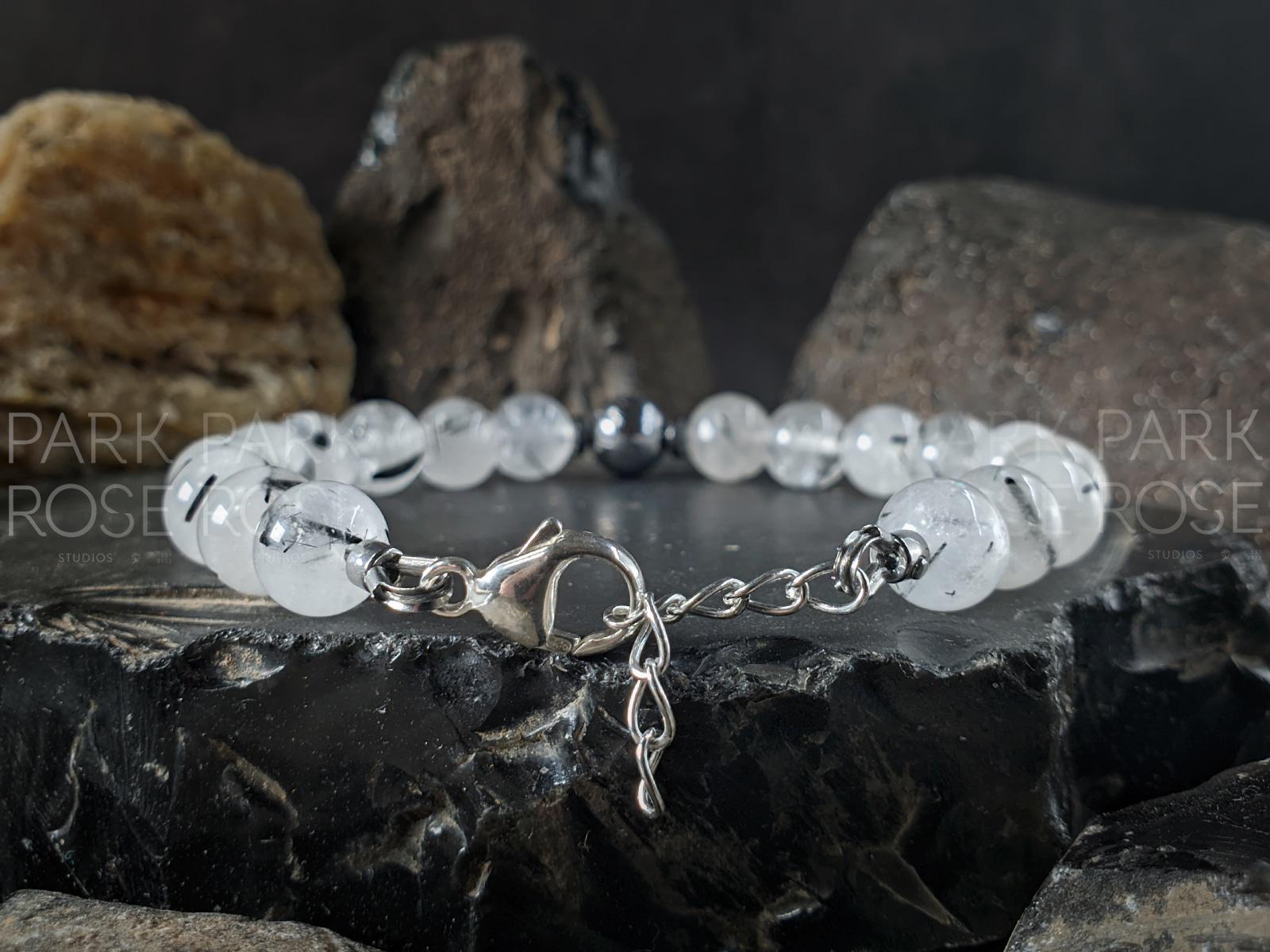 Natural Tourmalinated Quartz/Black Rutilated Quartz Meteorite Bracelet (8mm)