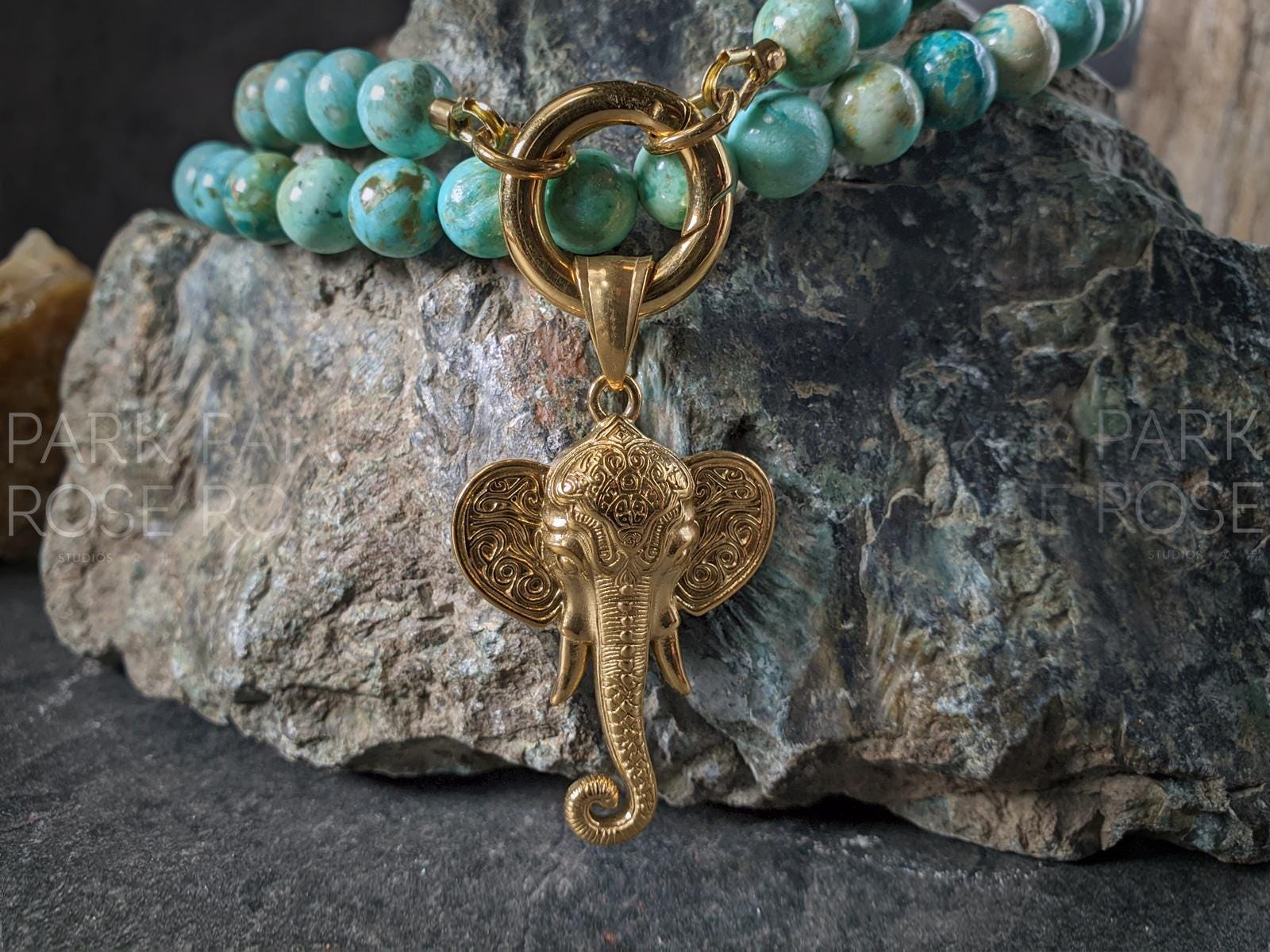 Peruvian Turquoise Carabiner Necklace: Stainless Steel Elephant Charm (8mm)