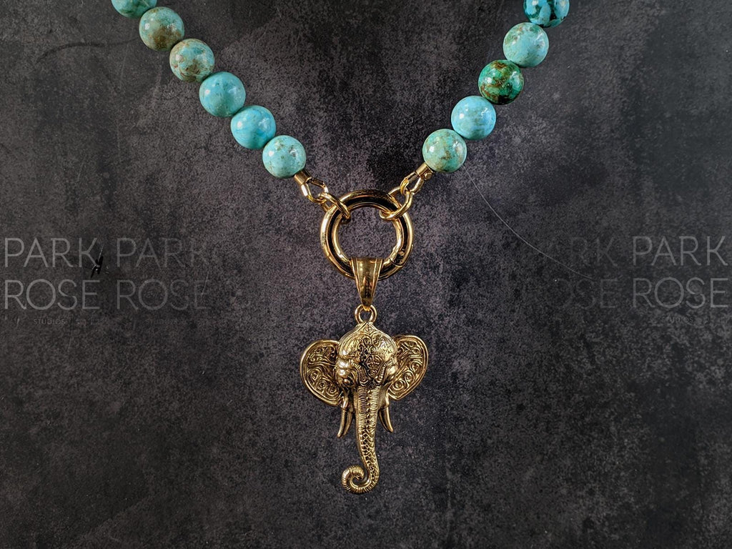 Peruvian Turquoise Carabiner Necklace: Stainless Steel Elephant Charm (8mm)