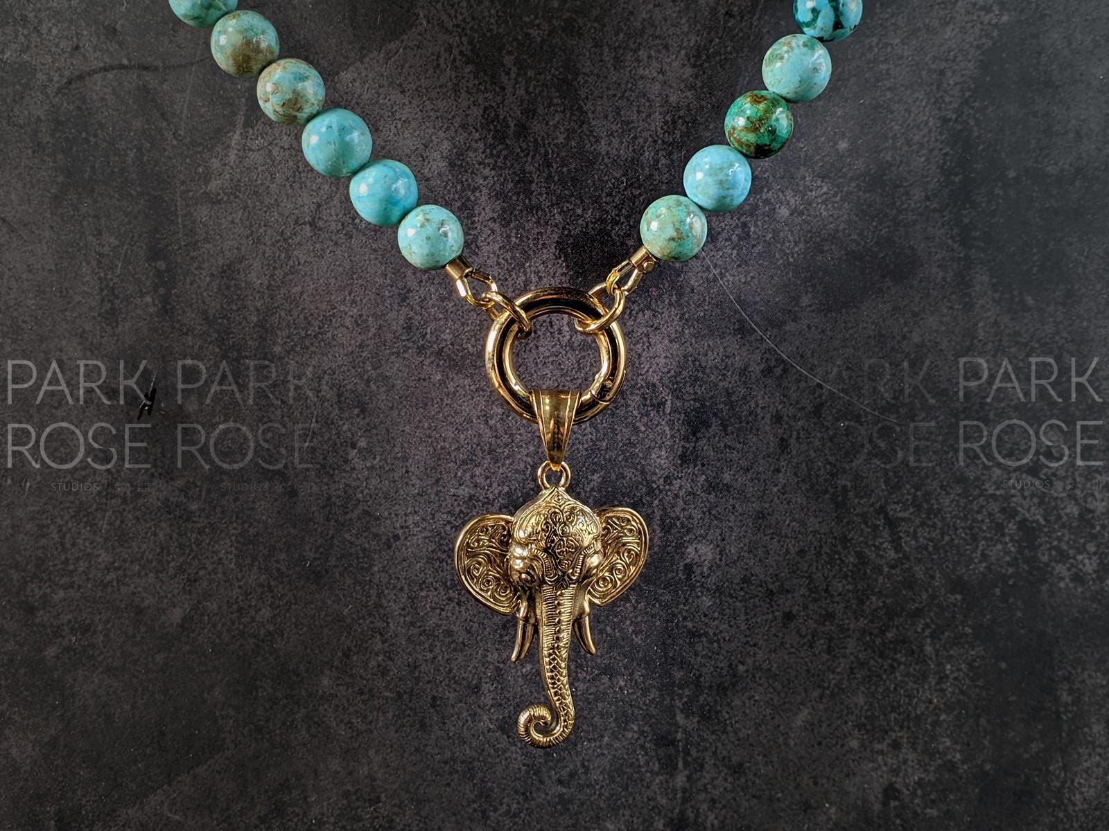 Peruvian Turquoise Carabiner Necklace: Stainless Steel Elephant Charm (8mm)