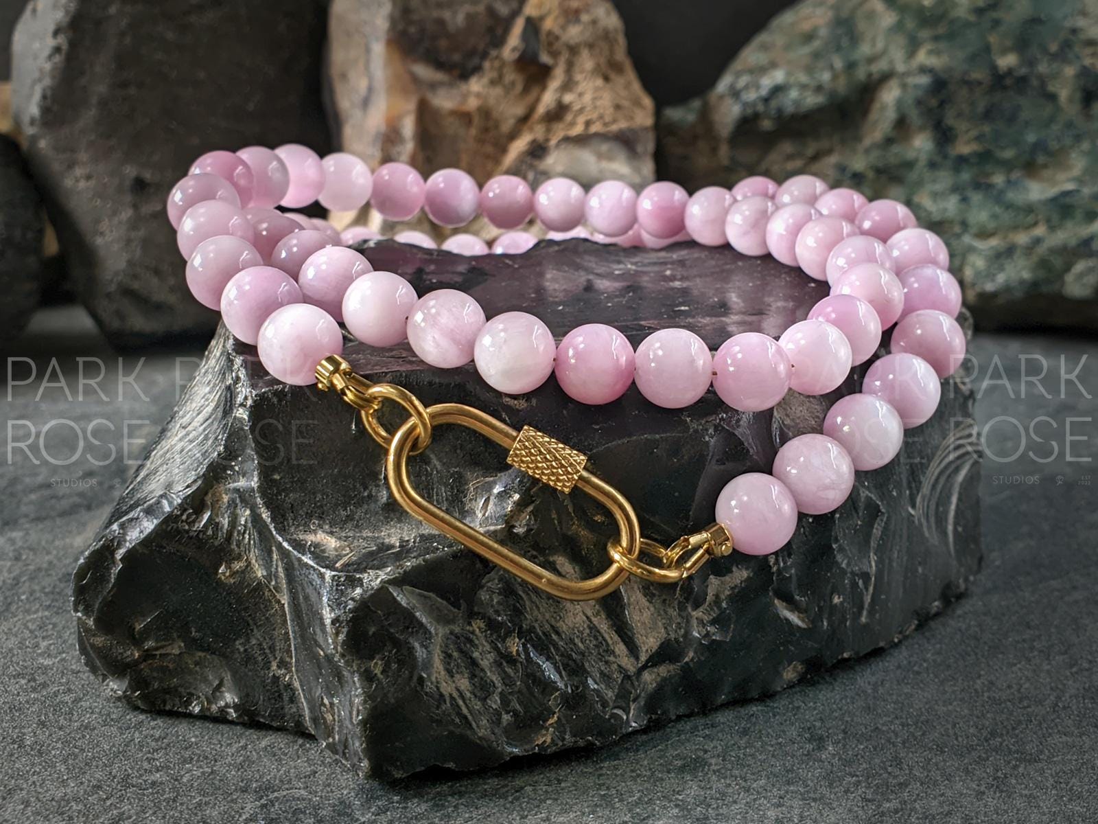 AAAA Natural Nigeria Kunzite Spodumene Beaded Carabiner Necklace (8mm)