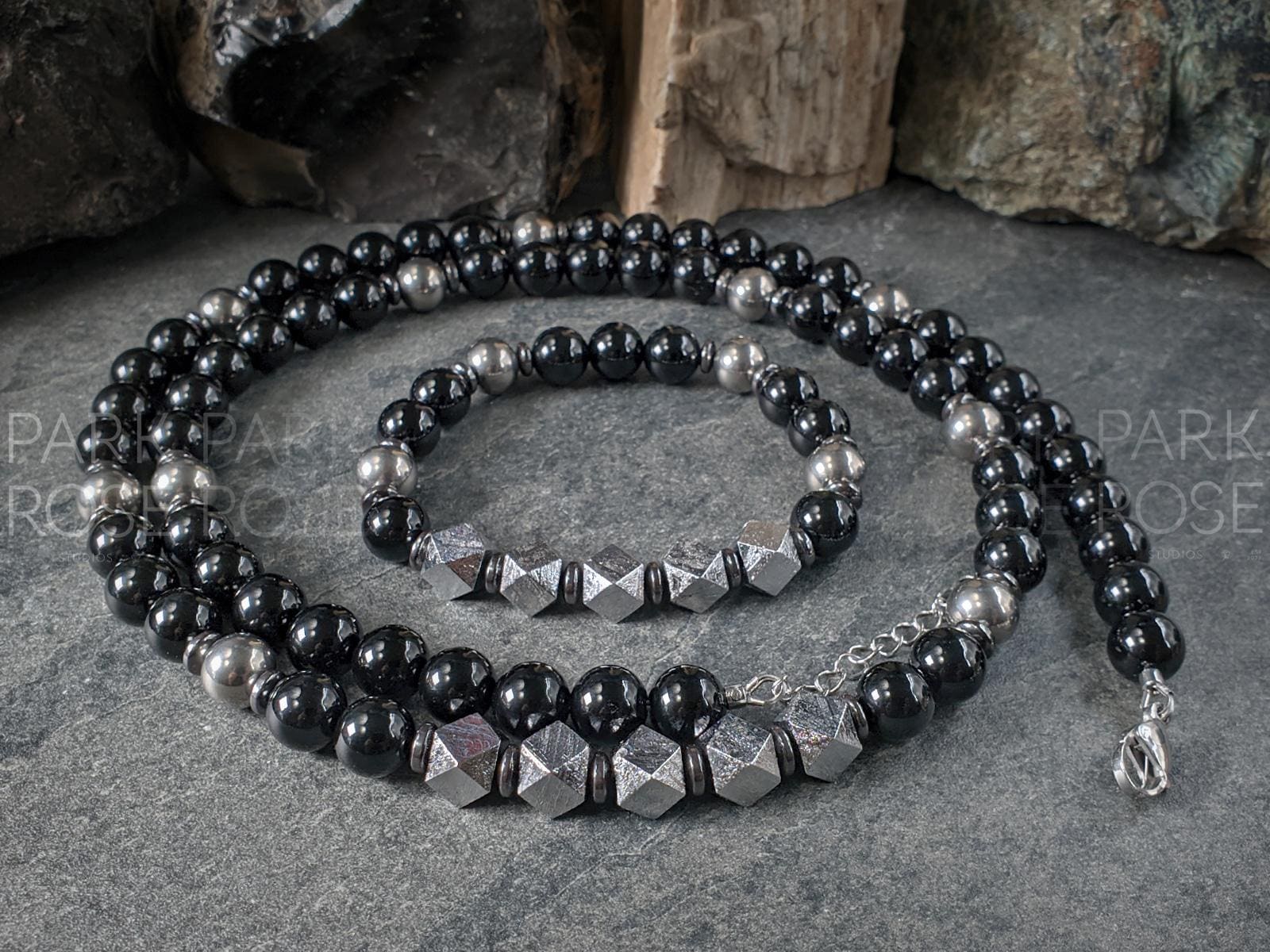 Uruguay Black Onyx, Titanium, Meteorite, Hematite Bracelet (10mm)