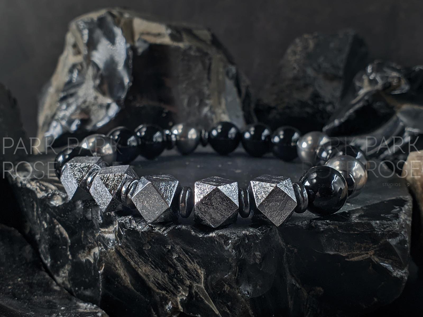 Uruguay Black Onyx, Titanium, Meteorite, Hematite Bracelet (10mm)