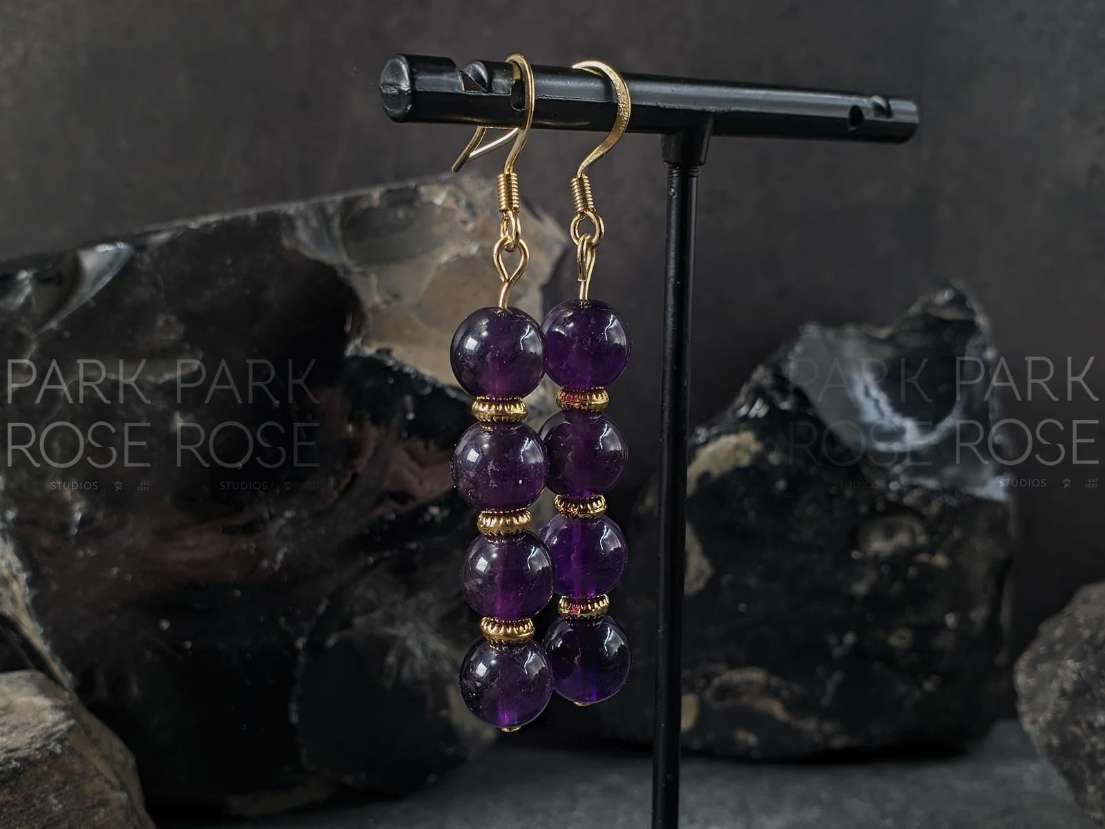 Natural Brazil Dark Amethyst Gemstone Earrings: Stainless Steel