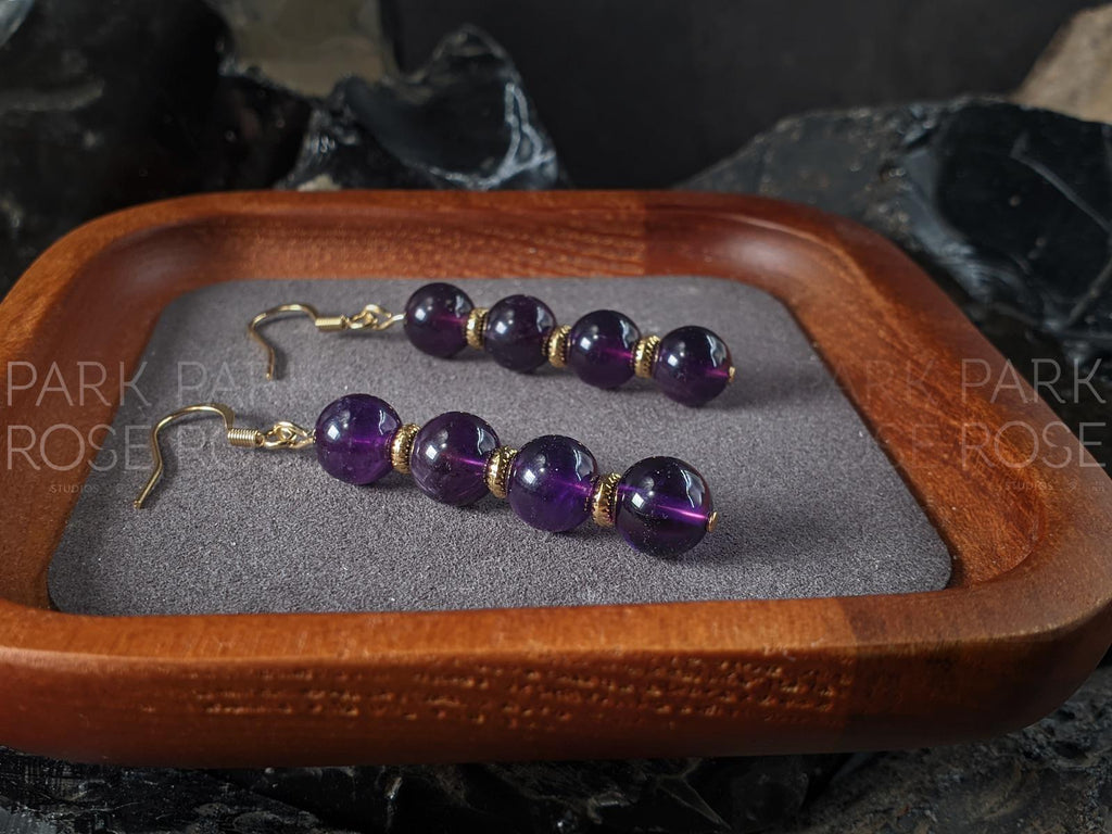Natural Brazil Dark Amethyst Gemstone Earrings: Stainless Steel