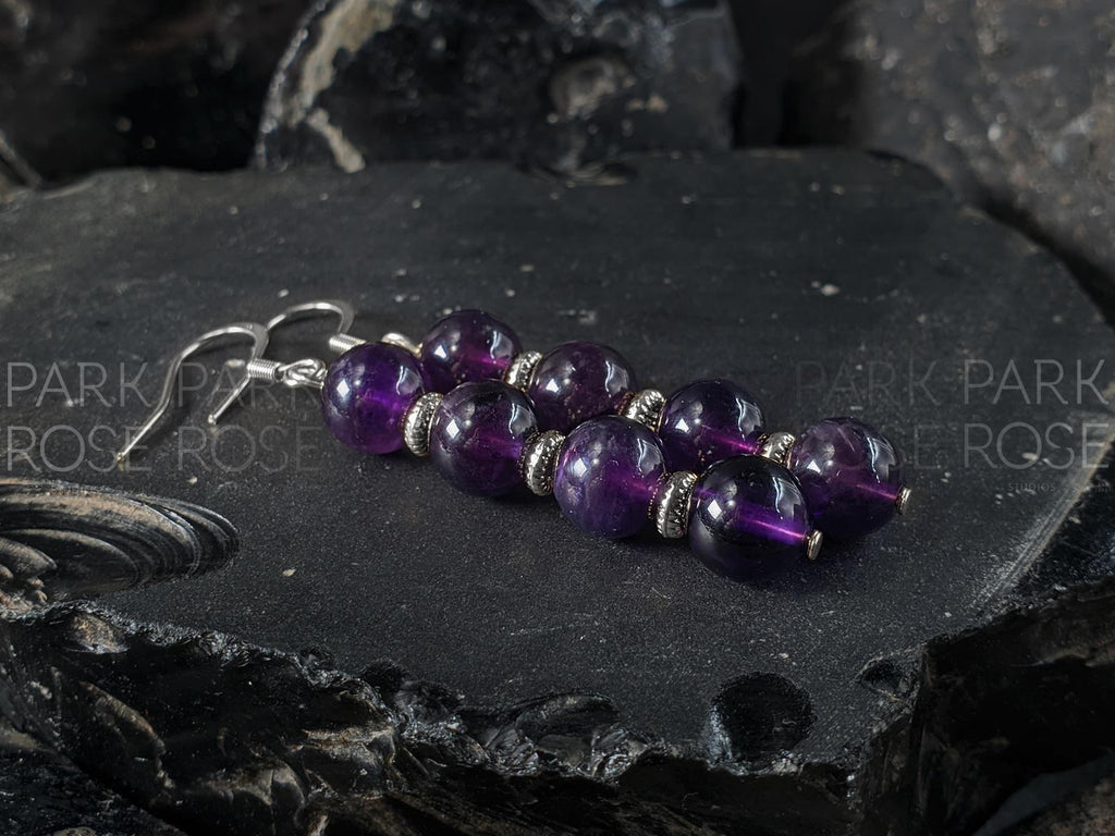 Natural Brazil Dark Amethyst Gemstone Earrings: Stainless Steel