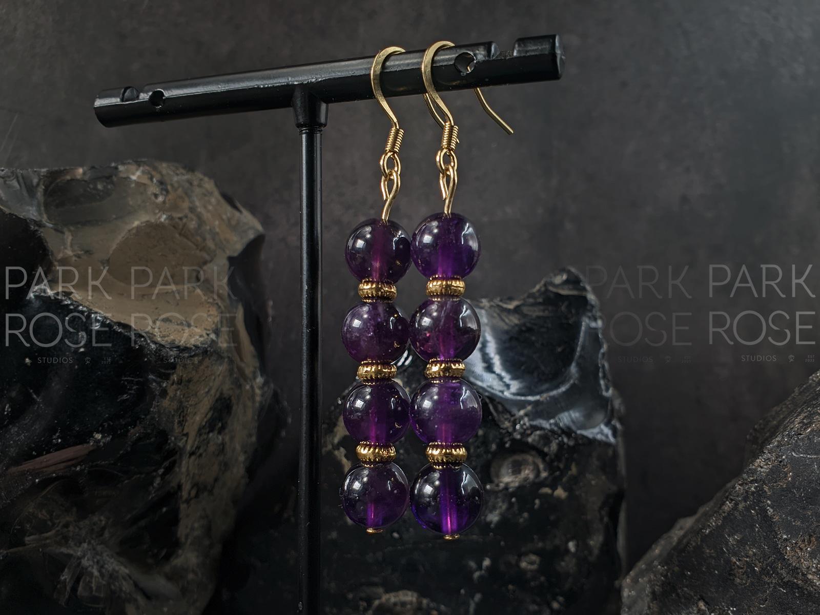 Natural Brazil Dark Amethyst Gemstone Earrings: Stainless Steel