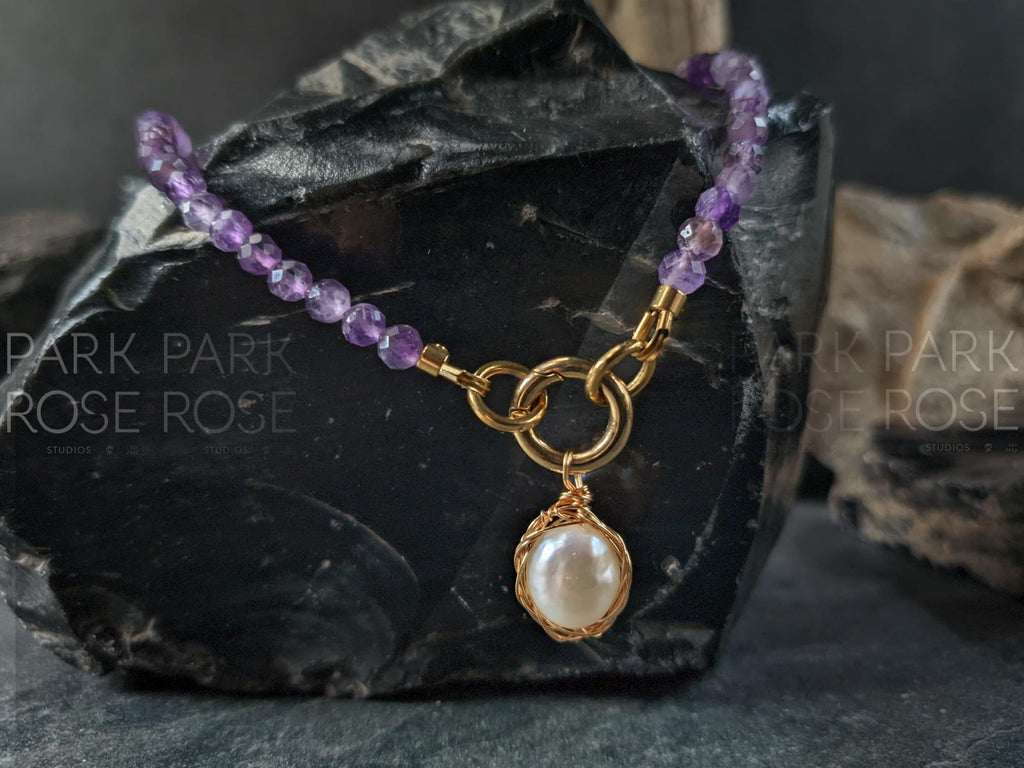 Faceted Uruguay Amethyst Necklace: Baroque Pearl, Citrine Pendant (4mm)