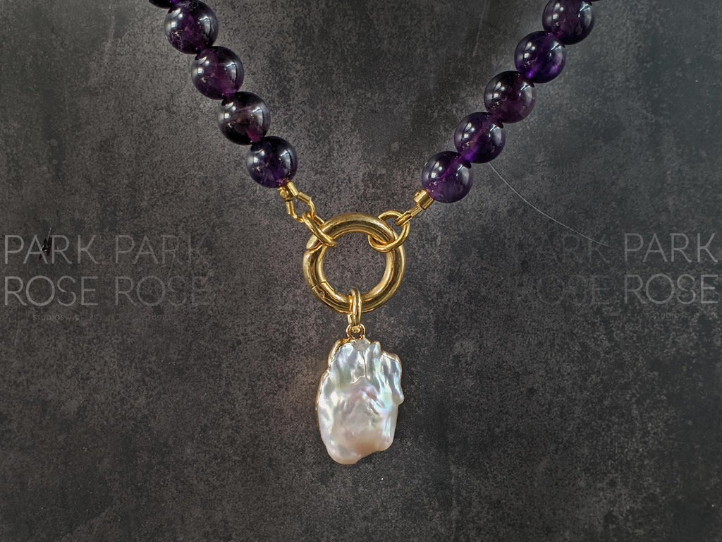 Electroplated Natural Keshi Pearl Pendant Brazil Dark Amethyst Carabiner Necklace (8mm)