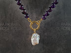 Electroplated Natural Keshi Pearl Pendant Brazil Dark Amethyst Carabiner Necklace (8mm)