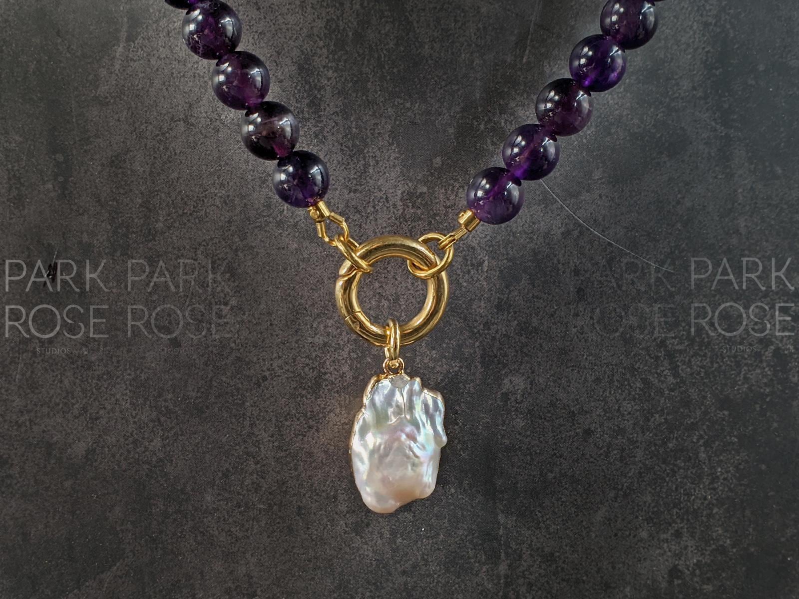 Electroplated Natural Keshi Pearl Pendant Brazil Dark Amethyst Carabiner Necklace (8mm)