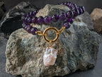 Electroplated Natural Keshi Pearl Pendant Brazil Dark Amethyst Carabiner Necklace (8mm)