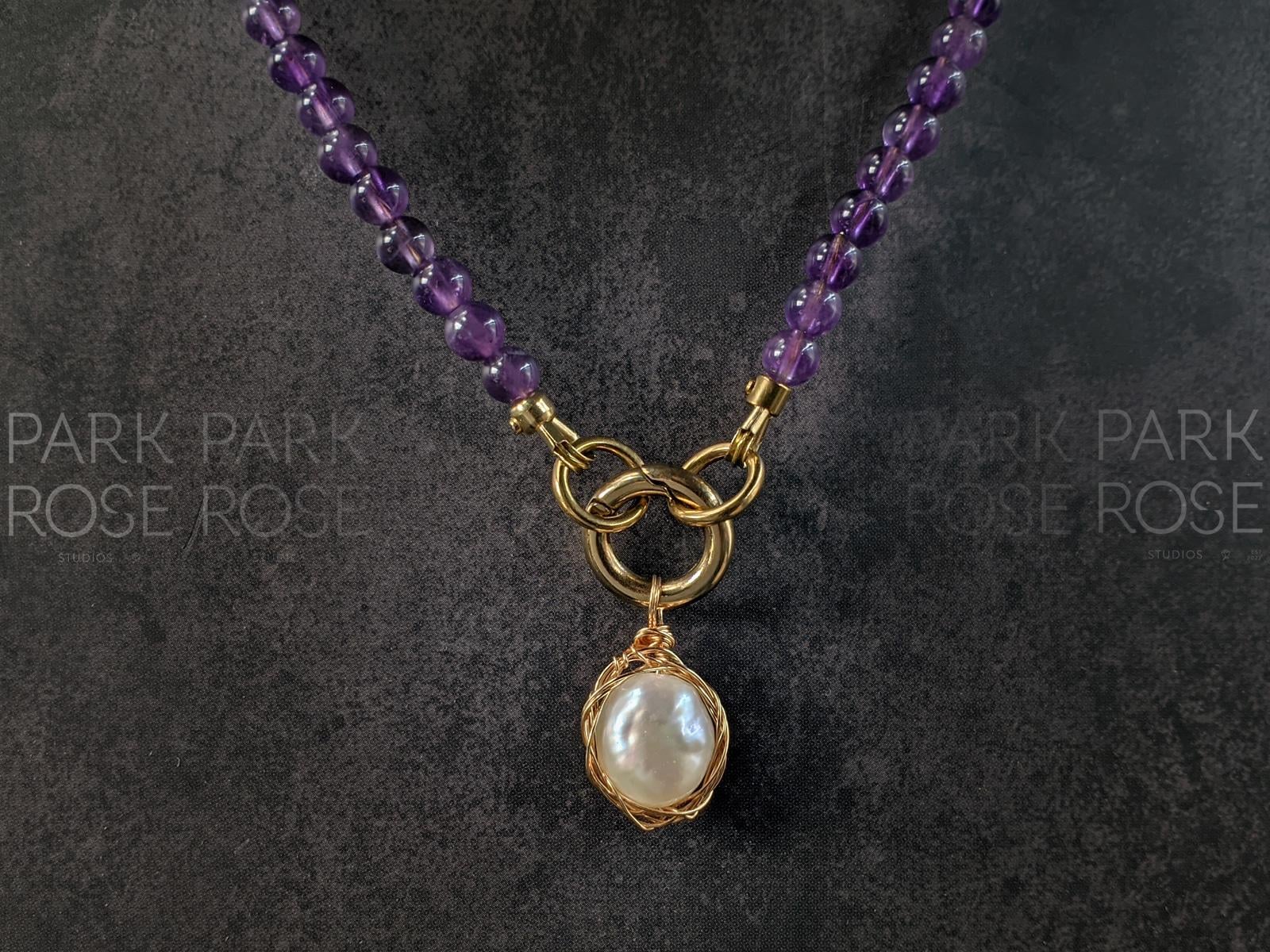 Dainty Brazil Amethyst Necklace: Baroque Pearl Pendant (4mm)