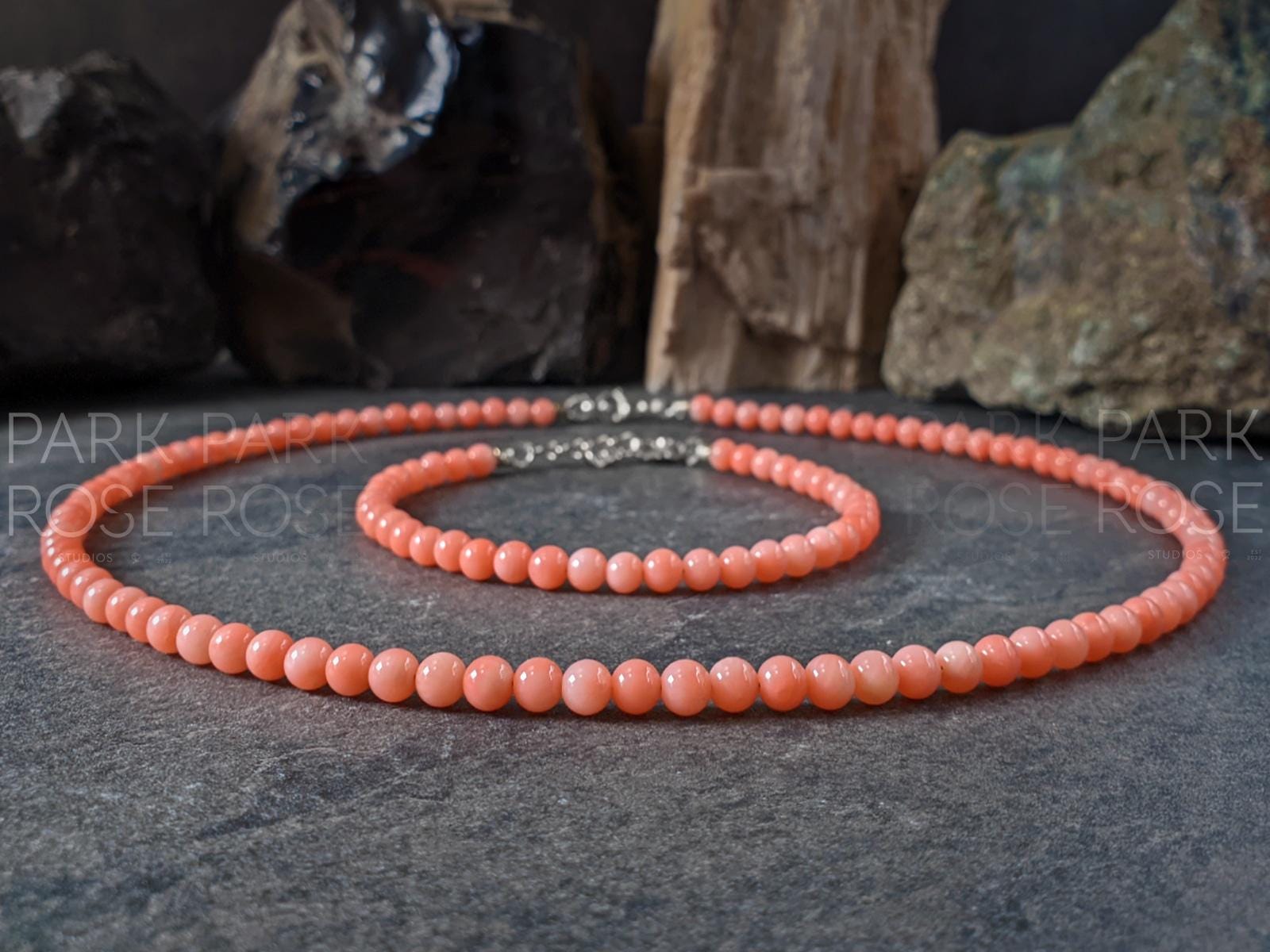 Pink Coral Necklace and Bracelet Set (4mm)