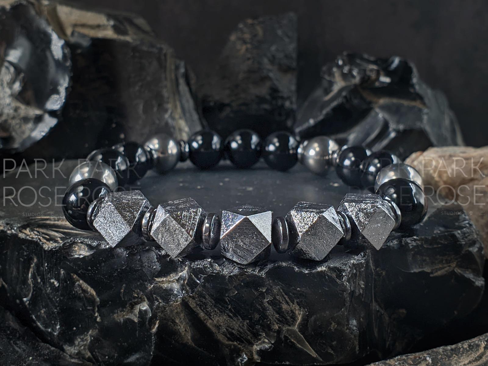 Uruguay Black Onyx, Titanium, Meteorite, Hematite Bracelet (10mm)