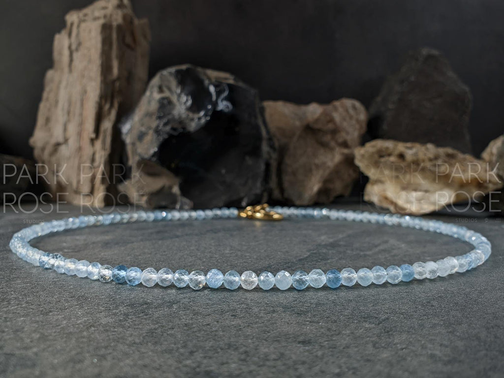 Dainty Faceted AAA Brazil Aquamarine Carabiner Keshi Pearl Pendant Necklace (4mm)