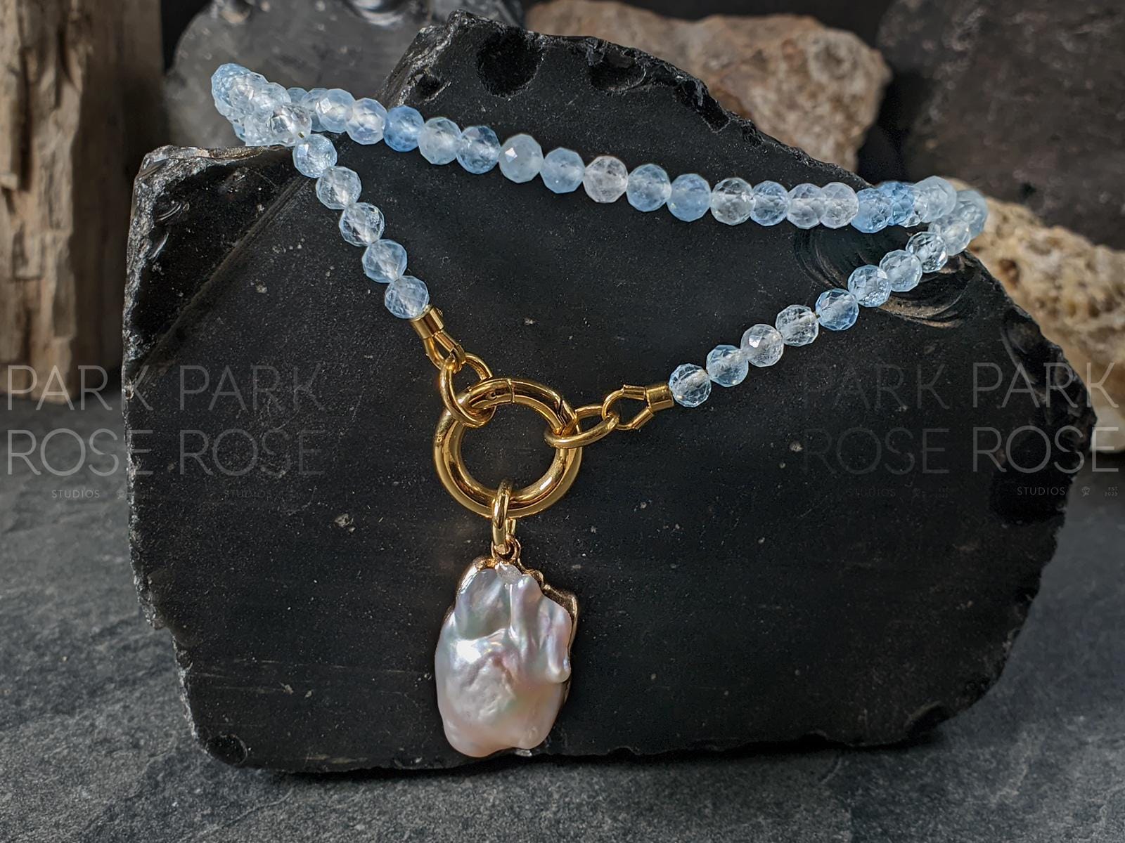 Dainty Faceted AAA Brazil Aquamarine Carabiner Keshi Pearl Pendant Necklace (4mm)