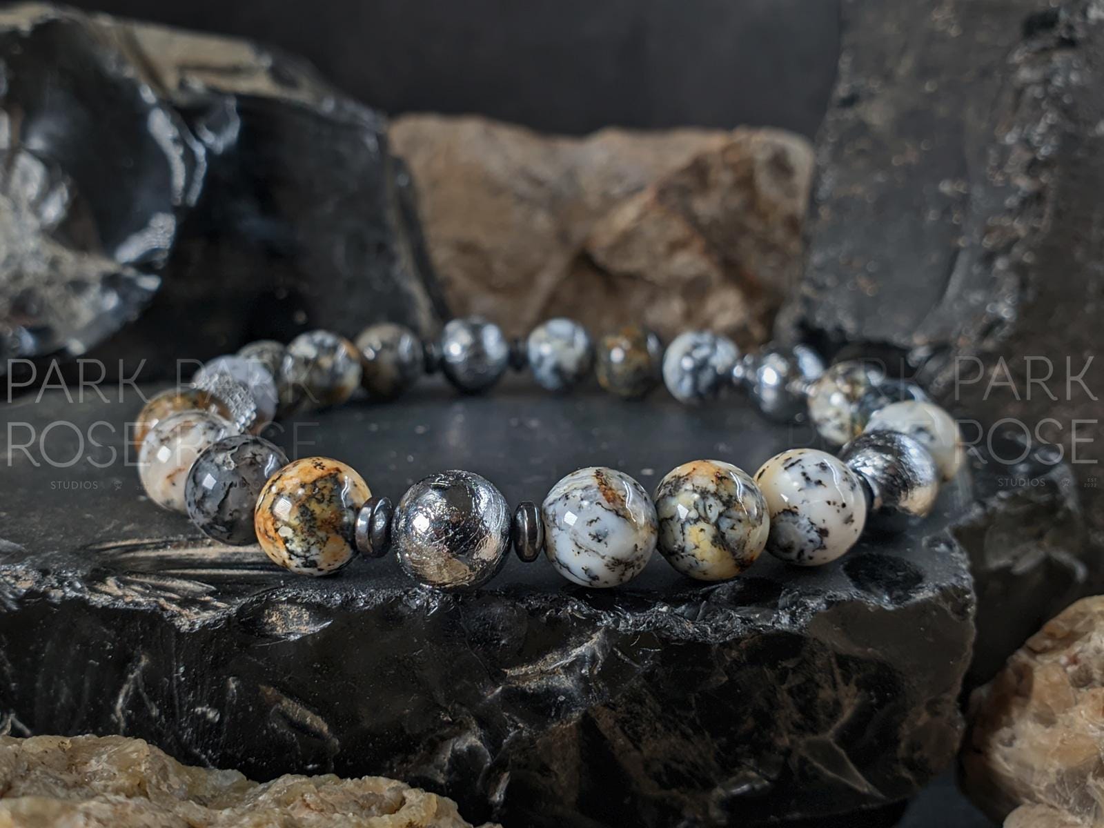 Gibeon Meteorite + Natural Black Opal Beaded Bracelet (8mm)