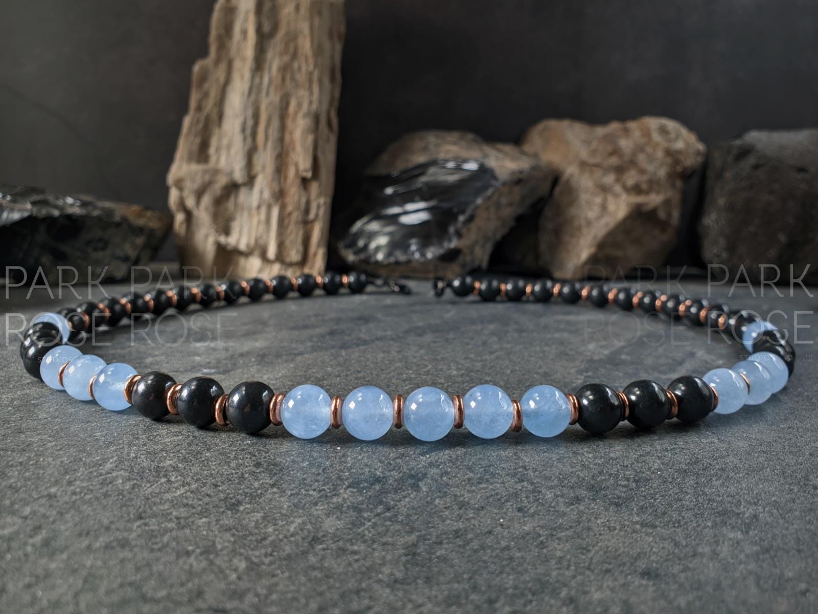 Shungite, Copper & Aquamarine Gemstone Necklace (8mm)