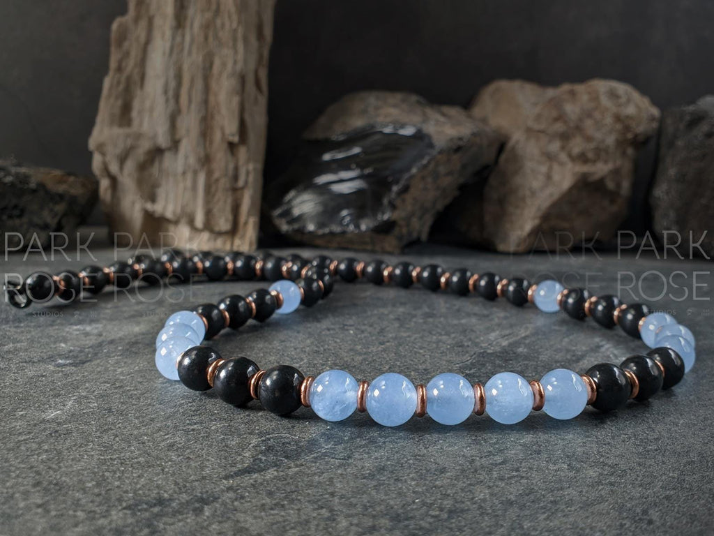 Shungite, Copper & Aquamarine Gemstone Necklace (8mm)