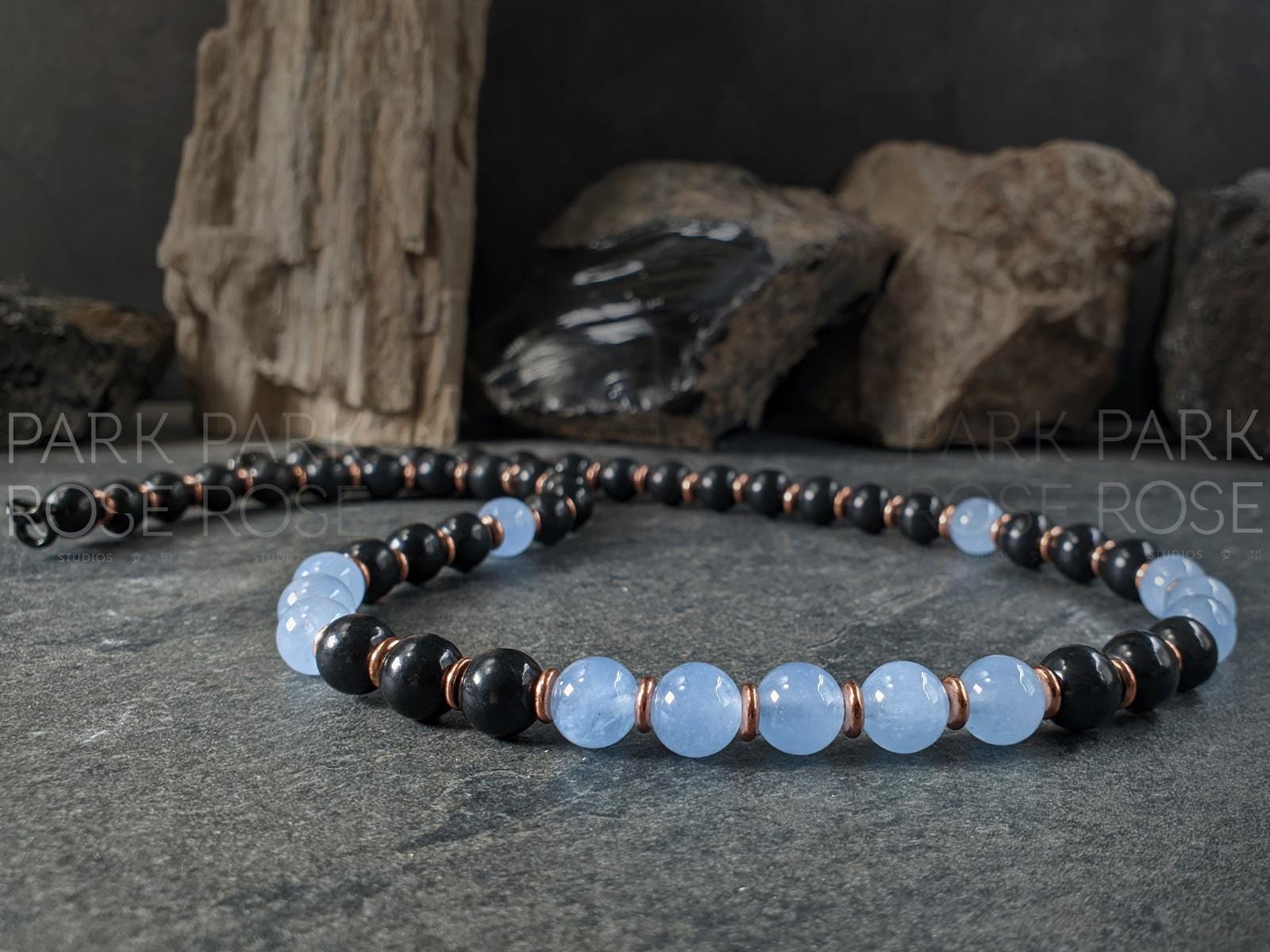 Shungite, Copper & Aquamarine Gemstone Necklace (8mm)