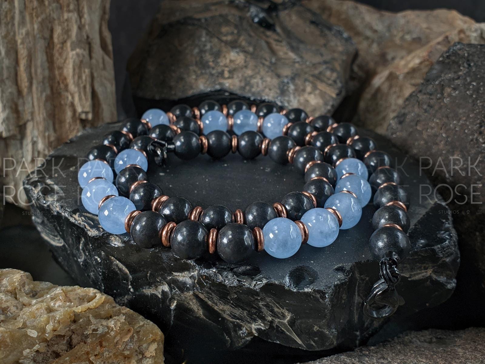 Shungite, Copper & Aquamarine Gemstone Necklace (8mm)
