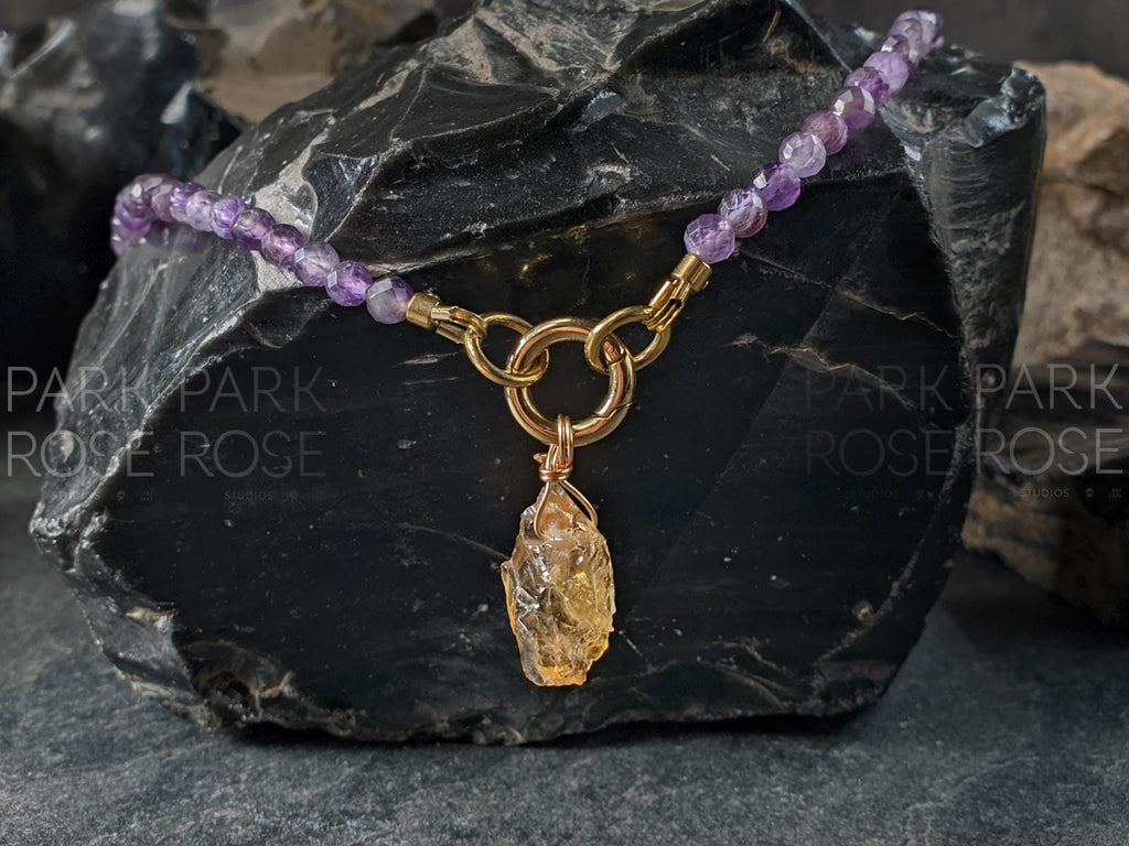 Faceted Uruguay Amethyst Necklace: Baroque Pearl, Citrine Pendant (4mm)