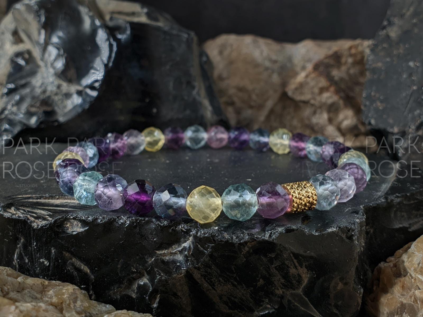 Faceted Natural Rainbow Fluorite Bracelet (6mm)