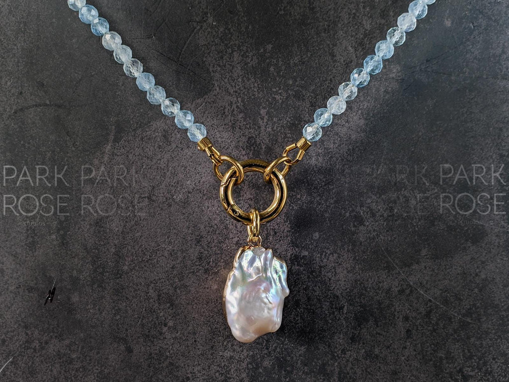 Dainty Faceted AAA Brazil Aquamarine Carabiner Keshi Pearl Pendant Necklace (4mm)