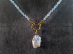 Dainty Faceted AAA Brazil Aquamarine Carabiner Keshi Pearl Pendant Necklace (4mm)