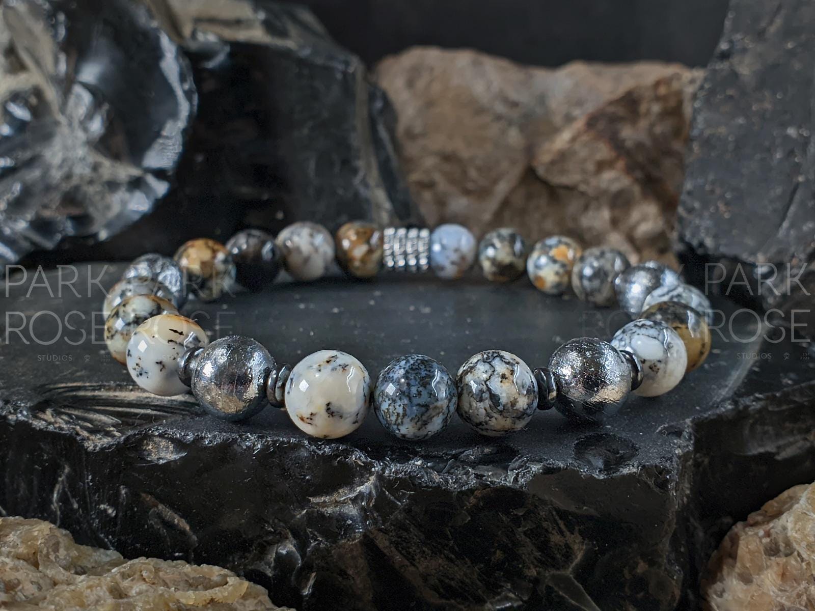 Gibeon Meteorite + Natural Black Opal Beaded Bracelet (8mm)