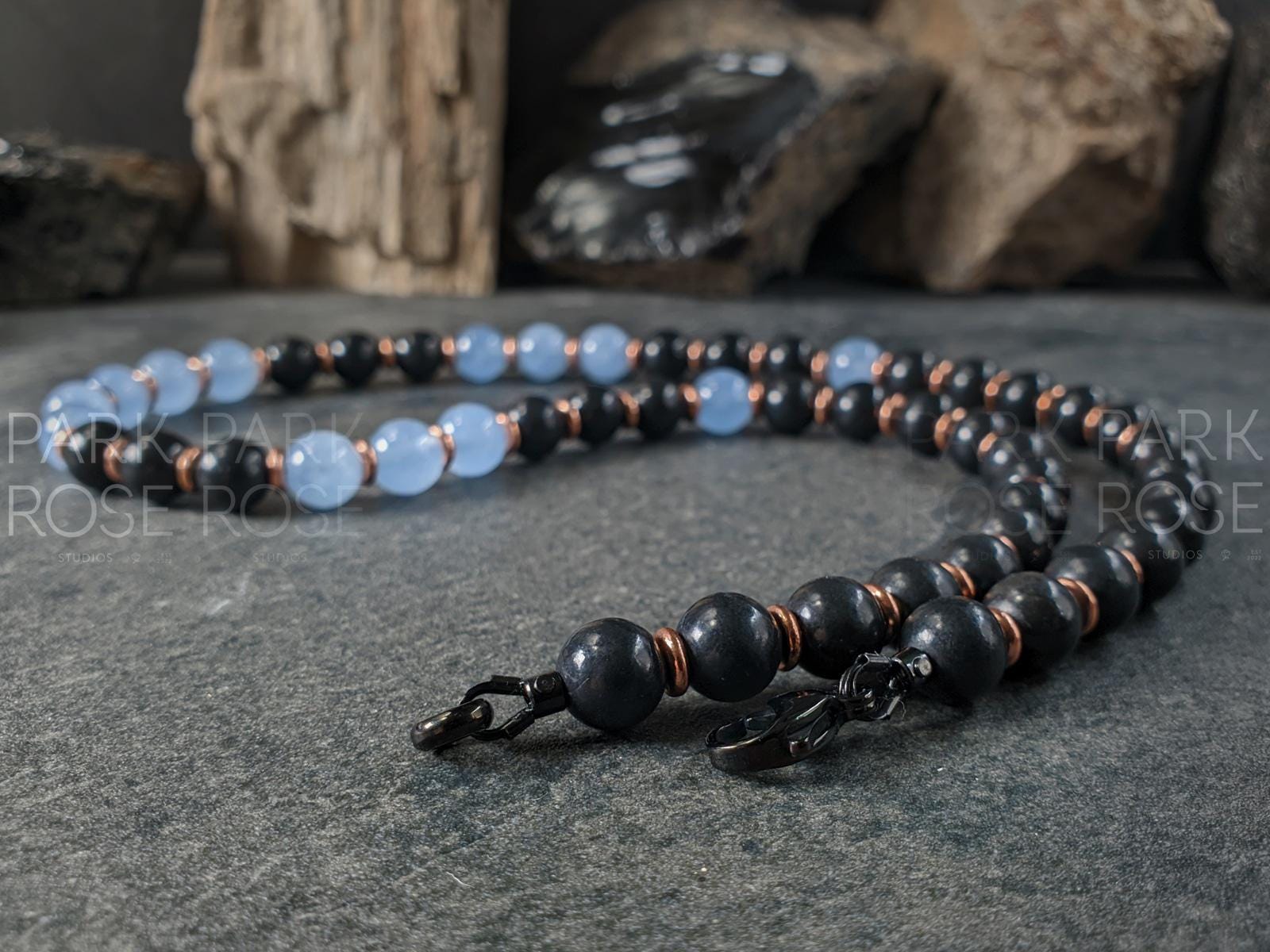 Shungite, Copper & Aquamarine Gemstone Necklace (8mm)