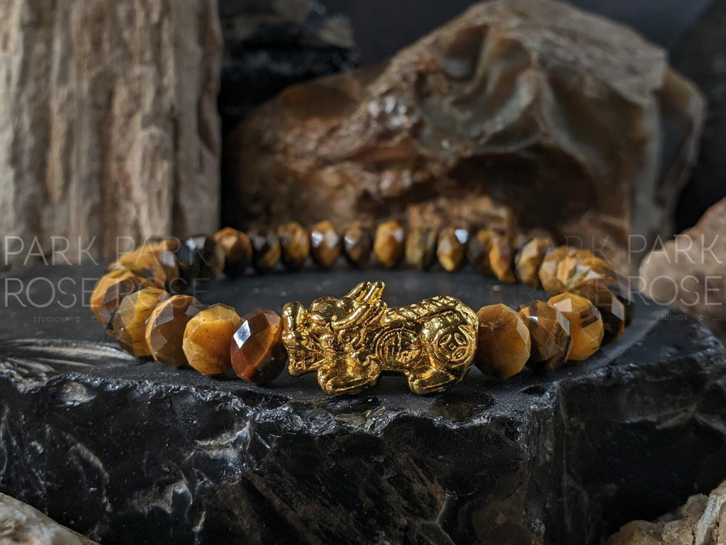Faceted Rondelle Natural Tiger's Eye Bracelet: Buddha, Pixiu, Stainless Steel (8mm)