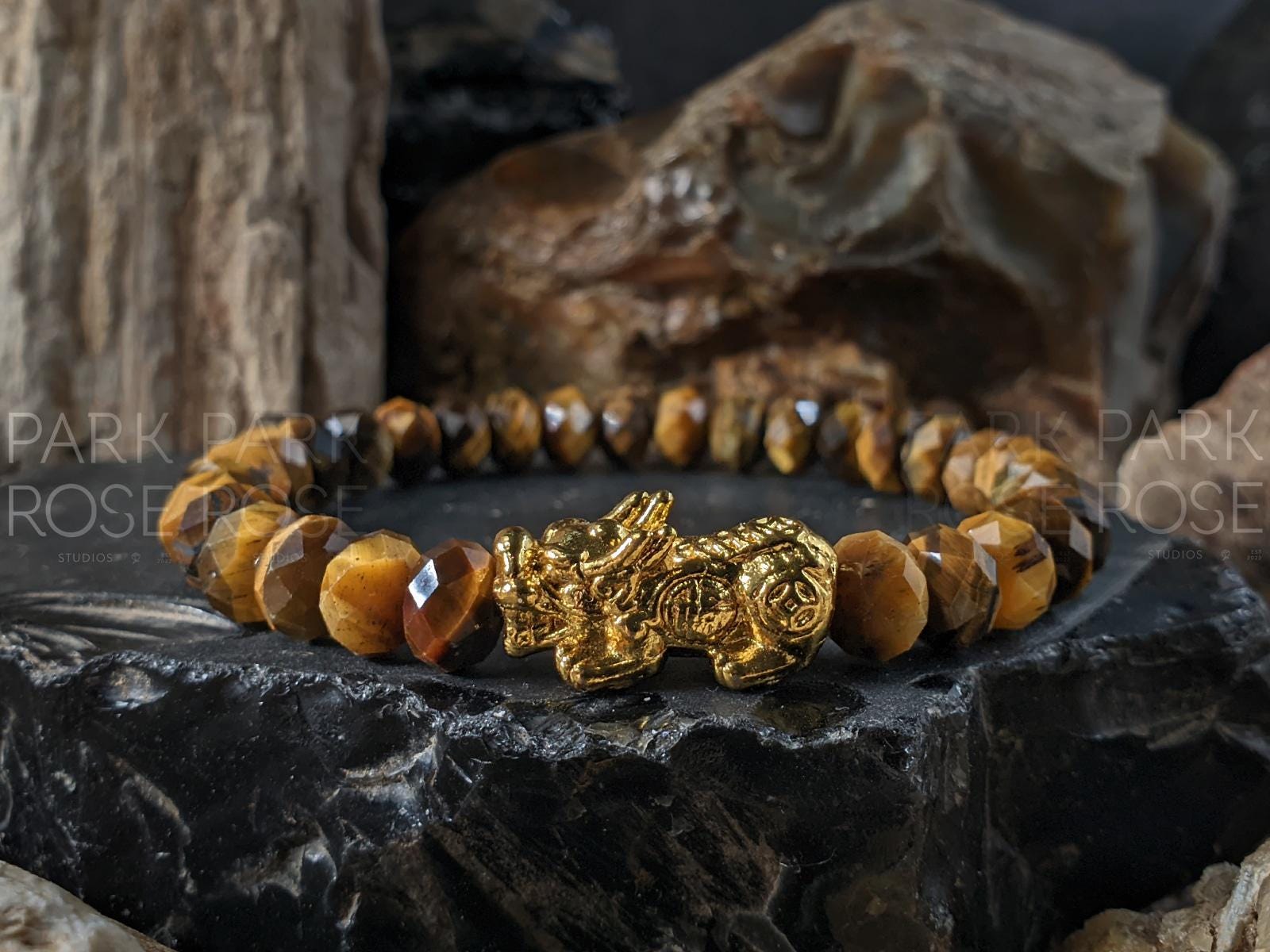 Faceted Rondelle Natural Tiger's Eye Bracelet: Buddha, Pixiu, Stainless Steel (8mm)