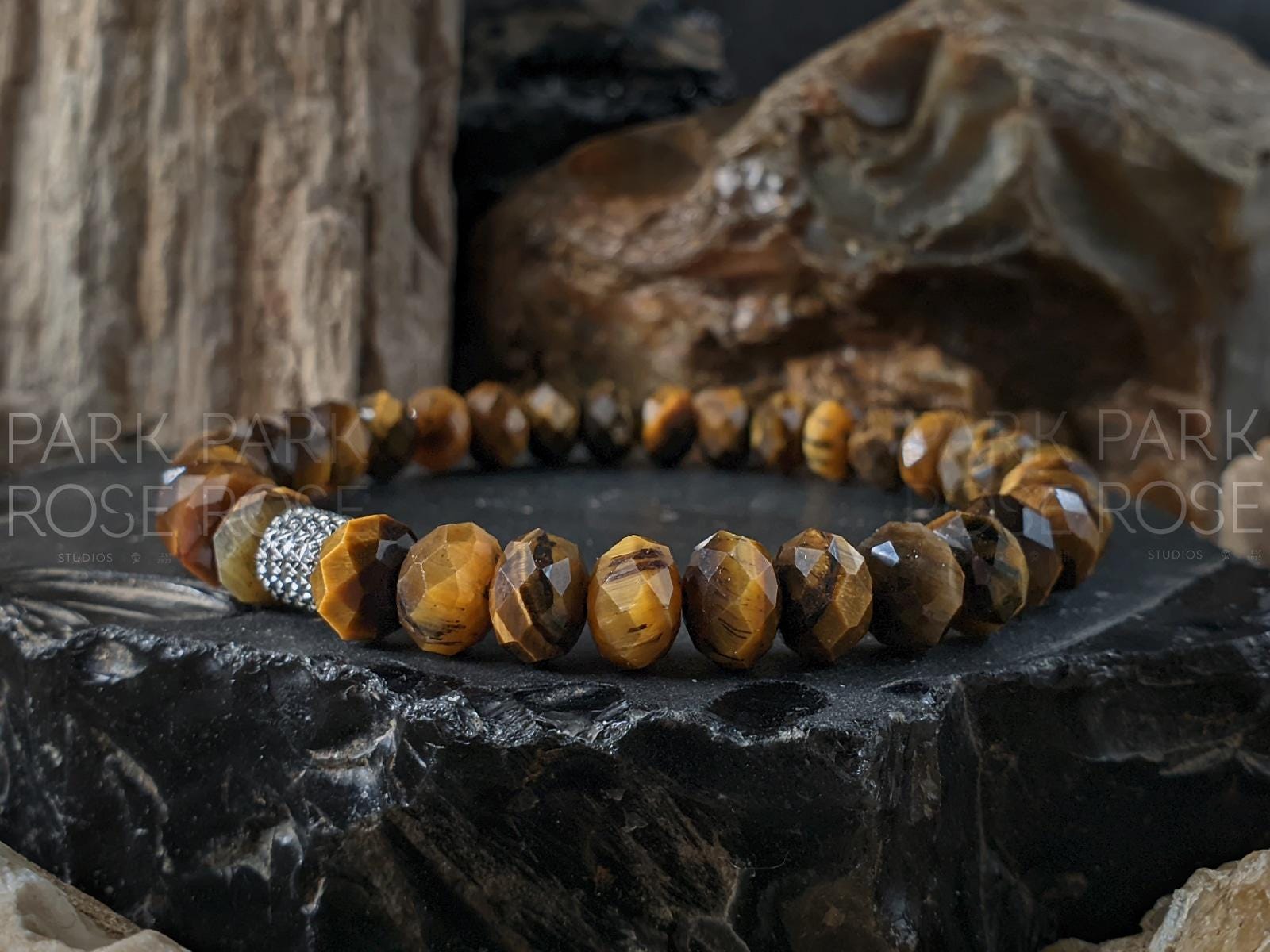 Faceted Rondelle Natural Tiger's Eye Bracelet: Buddha, Pixiu, Stainless Steel (8mm)