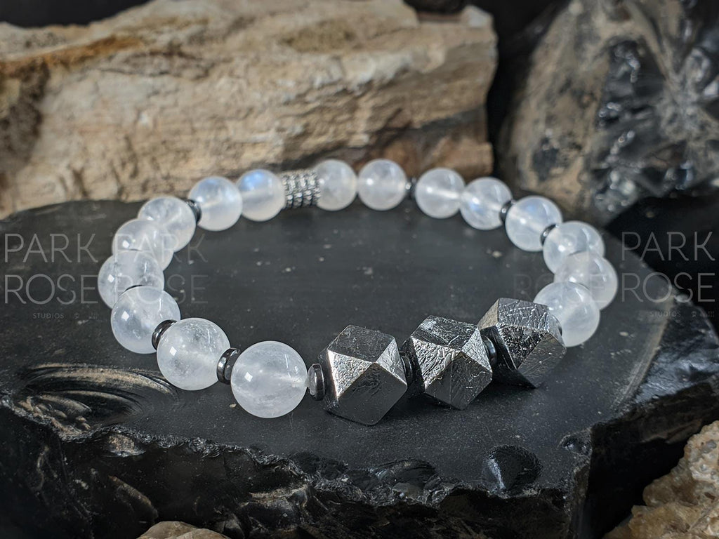 AAAA Natural Madagascar Rainbow Moonstone Gibeon Meteorite Bracelet (8mm)