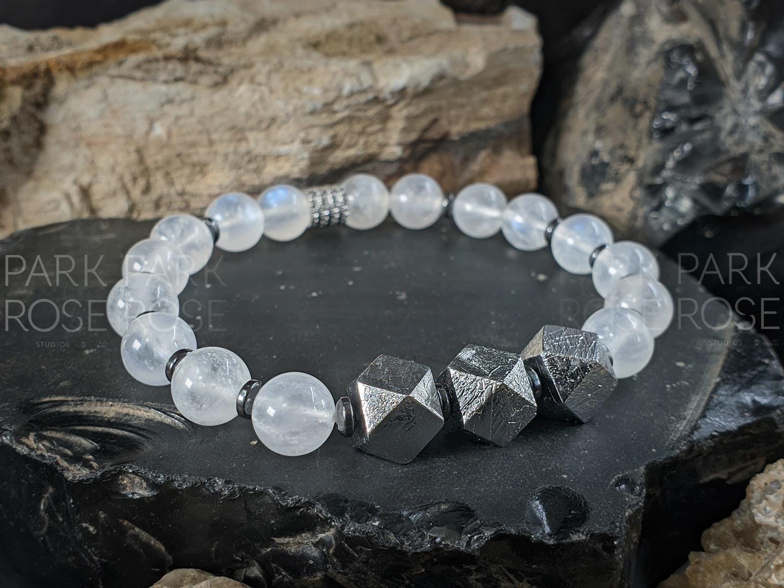 AAAA Natural Madagascar Rainbow Moonstone Gibeon Meteorite Bracelet (8mm)