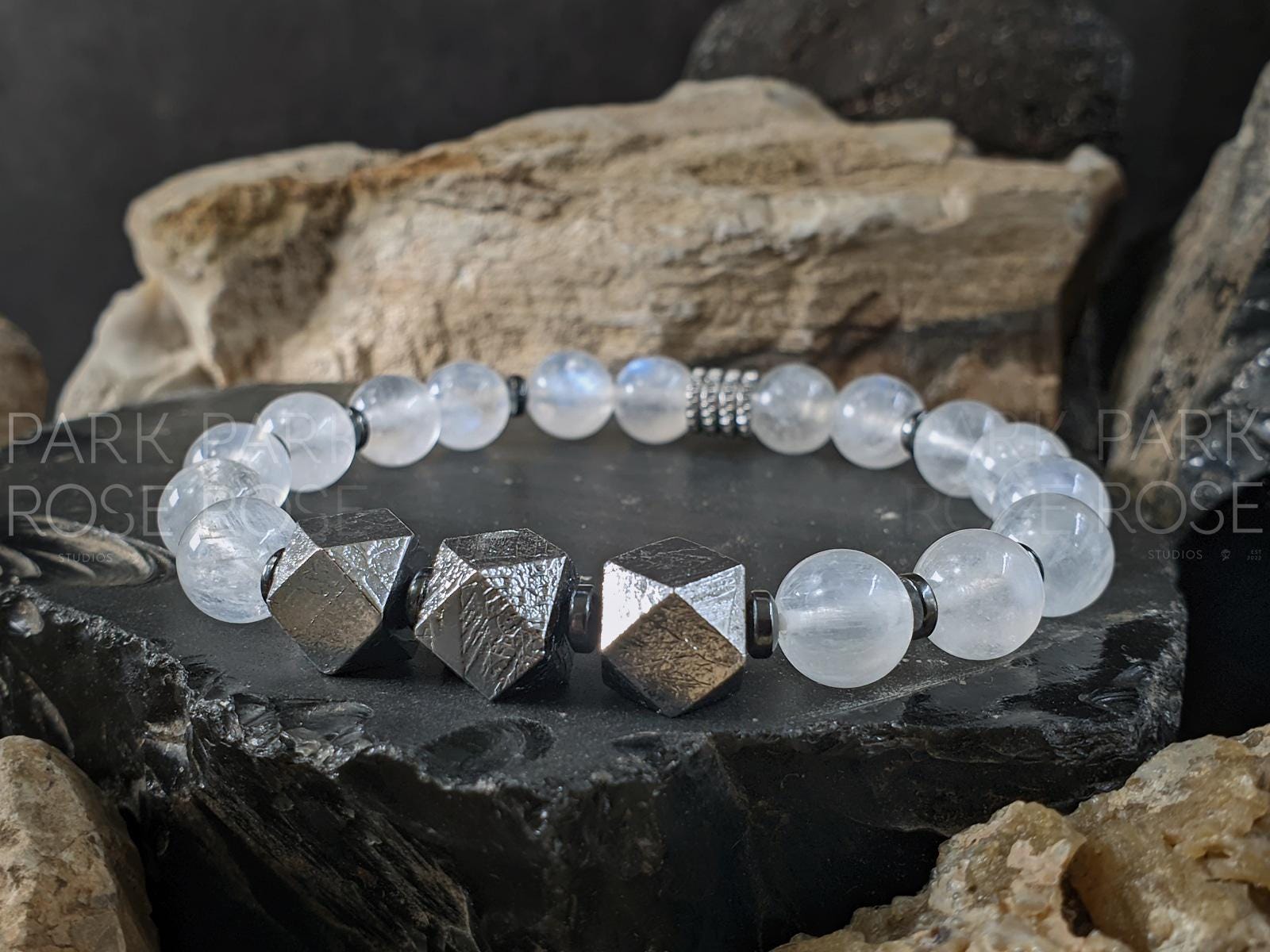 AAAA Natural Madagascar Rainbow Moonstone Gibeon Meteorite Bracelet (8mm)
