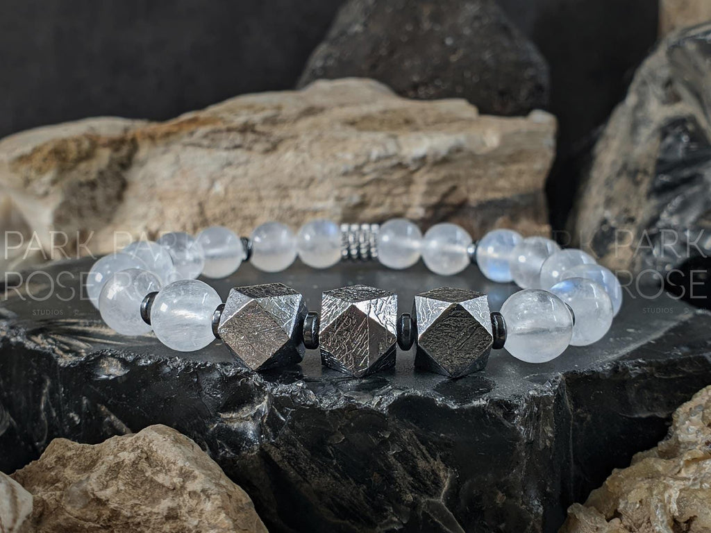 AAAA Natural Madagascar Rainbow Moonstone Gibeon Meteorite Bracelet (8mm)