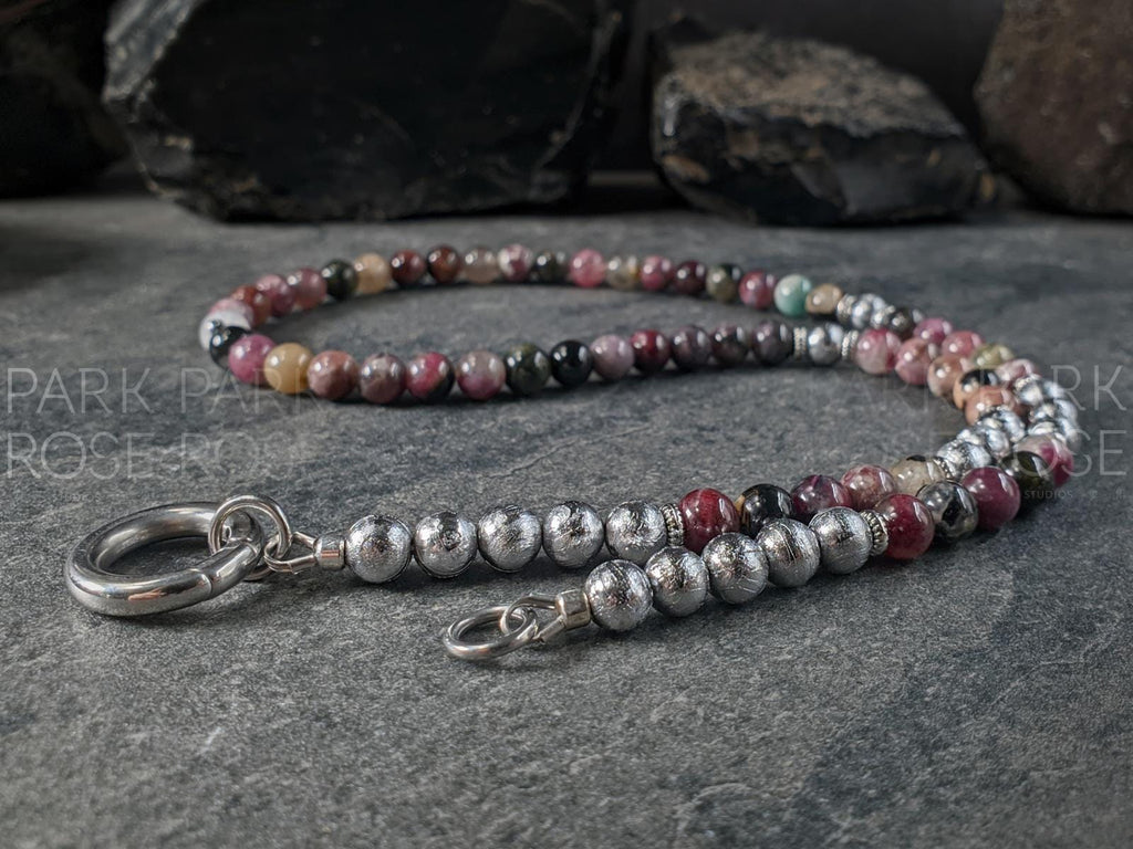 AAAAA Mixed Tourmaline Carabiner Necklace: Gibeon Meteorite, Moldavite Pendant