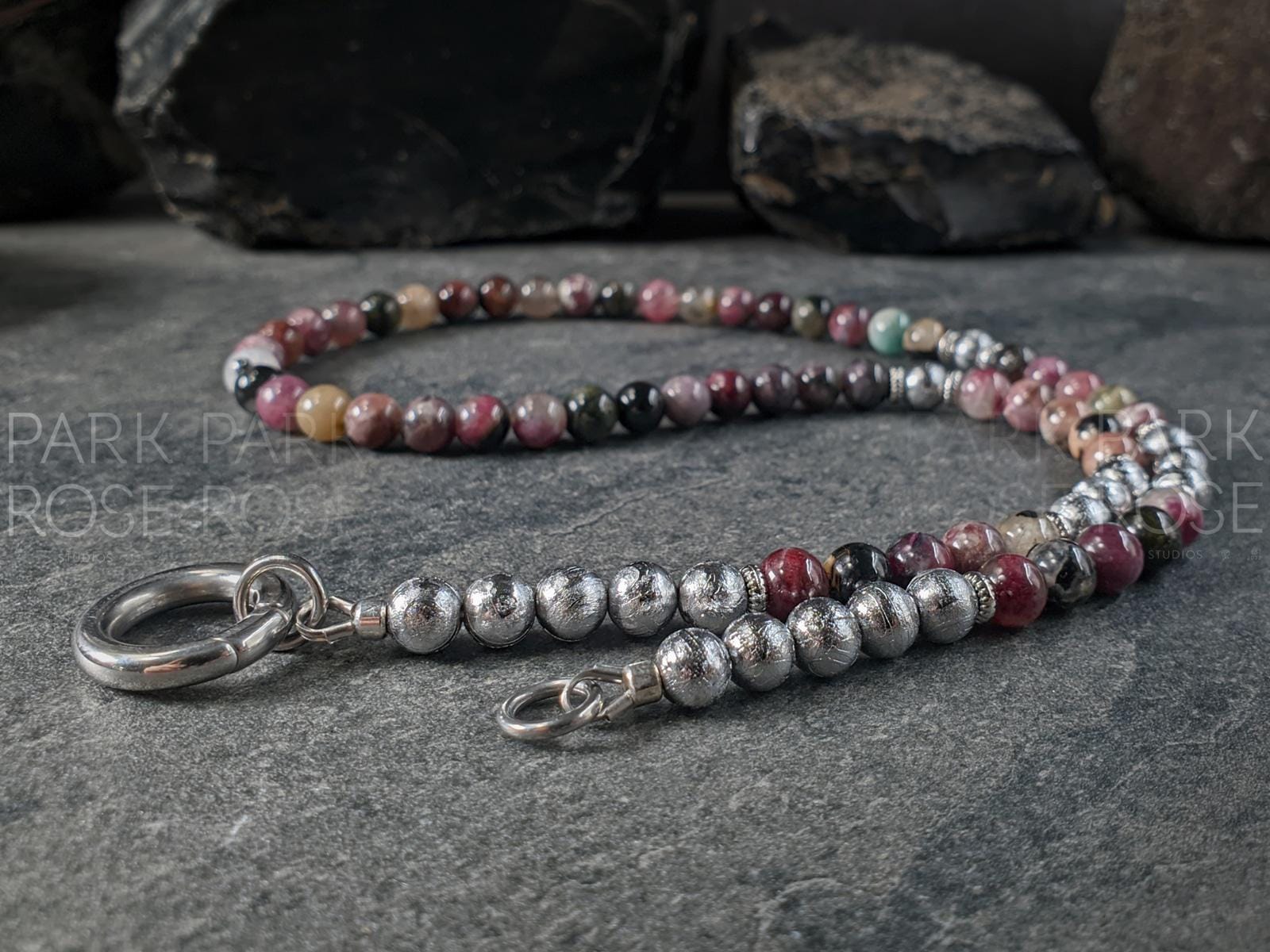 AAAAA Mixed Tourmaline Carabiner Necklace: Gibeon Meteorite, Moldavite Pendant