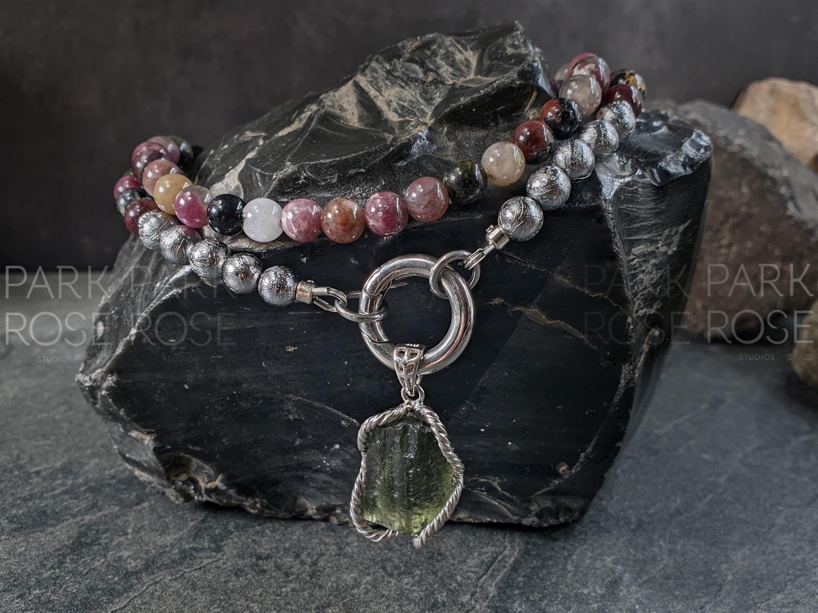 AAAAA Mixed Tourmaline Carabiner Necklace: Gibeon Meteorite, Moldavite Pendant