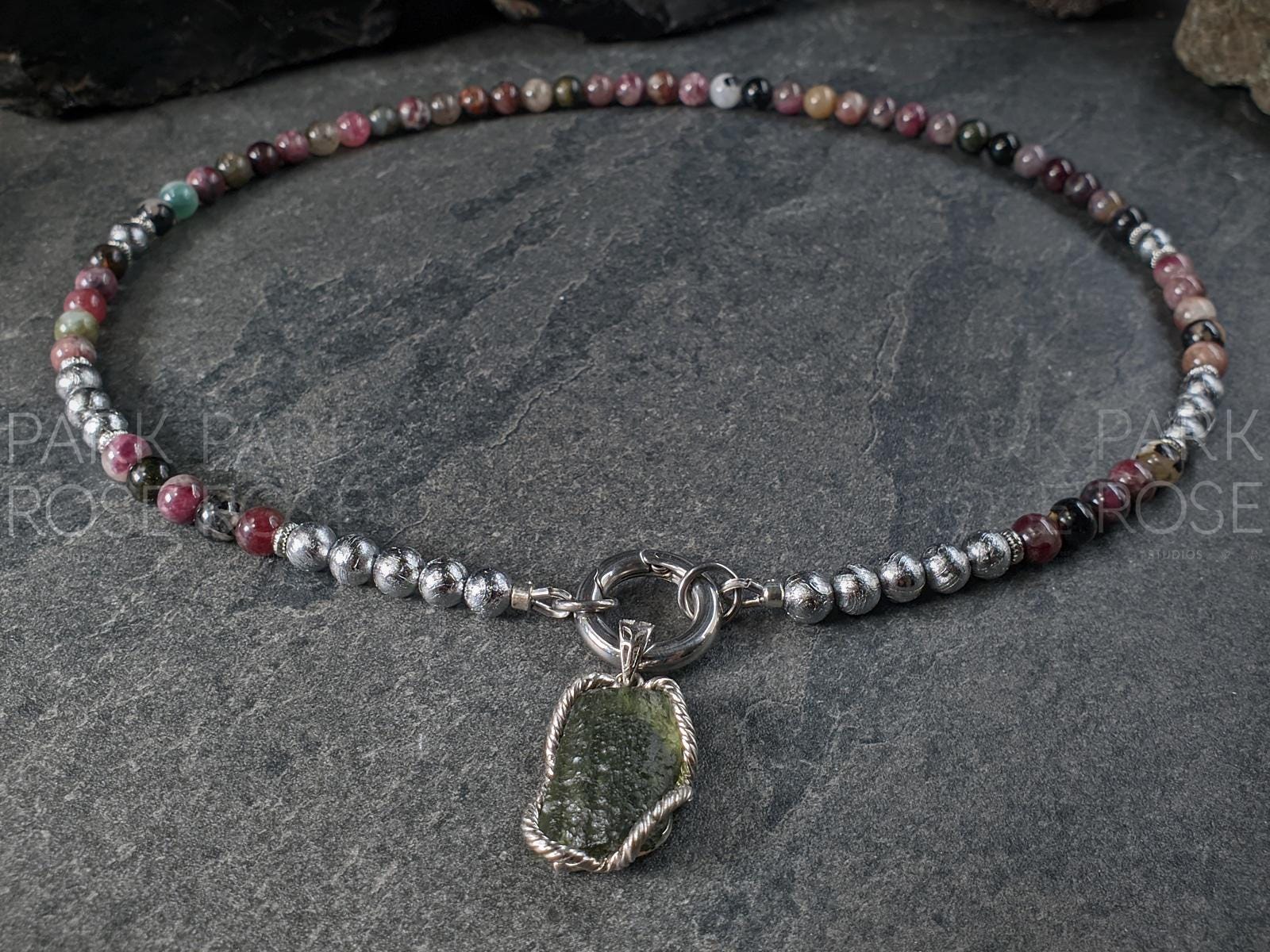 AAAAA Mixed Tourmaline Carabiner Necklace: Gibeon Meteorite, Moldavite Pendant