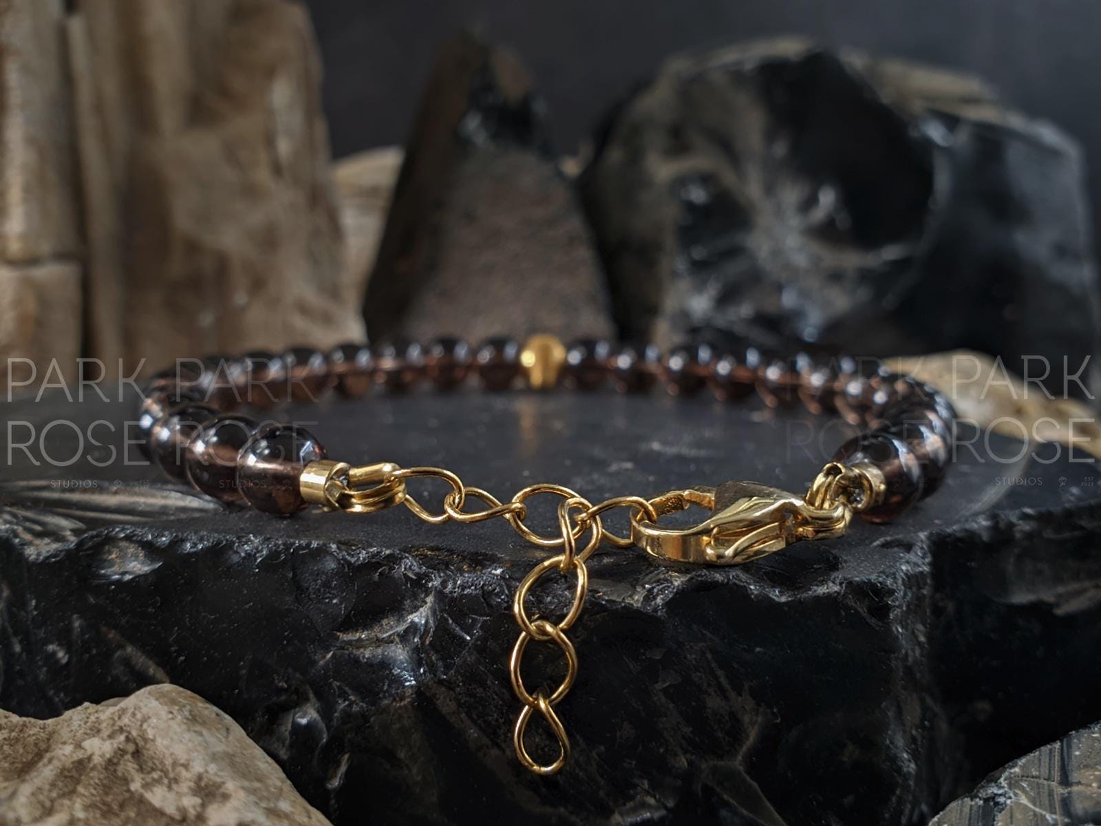 Smoky Quartz Bracelet: 24K Gold Cat Eye Bead
