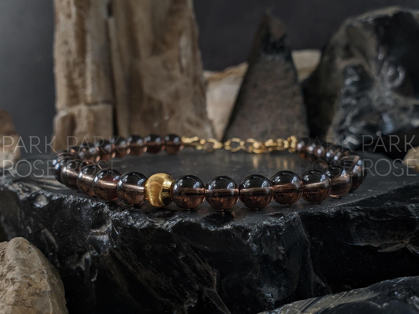Smoky Quartz Bracelet: 24K Gold Cat Eye Bead