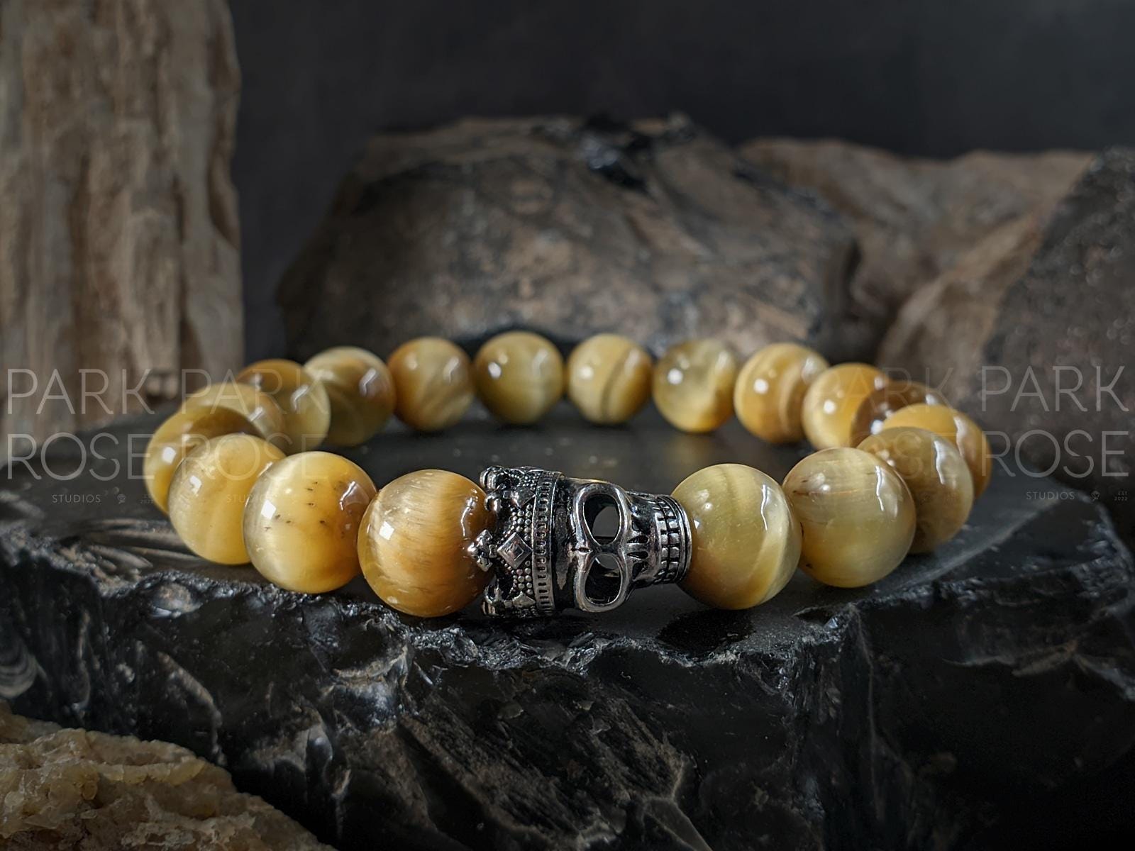 Yellow Tiger's Eye Sterling Silver King Skull Bracelet (10mm)