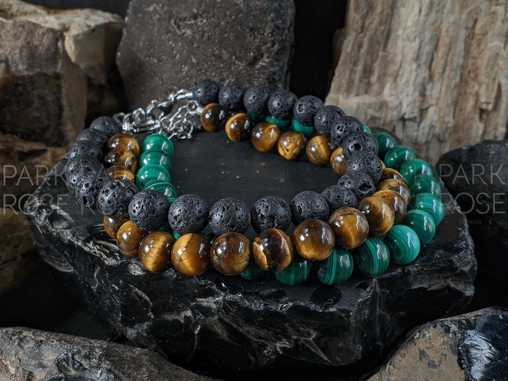 Triple Protection Lava Rock, Tiger's Eye, Malachite Bracelet Stack (8mm)