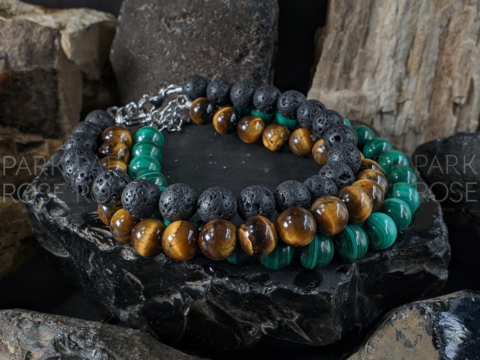 Triple Protection Lava Rock, Tiger's Eye, Malachite Bracelet Stack (8mm)