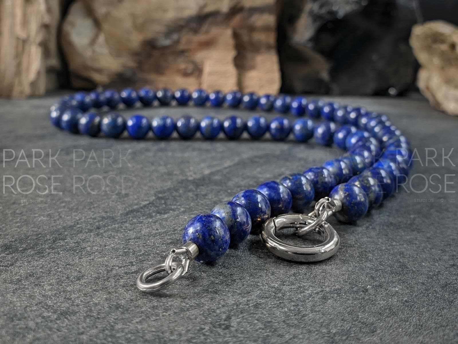 Natural Untreated AAA Chilean Lapis Lazuli Carabiner Necklace, Keshi Pearl Pendant (8mm)