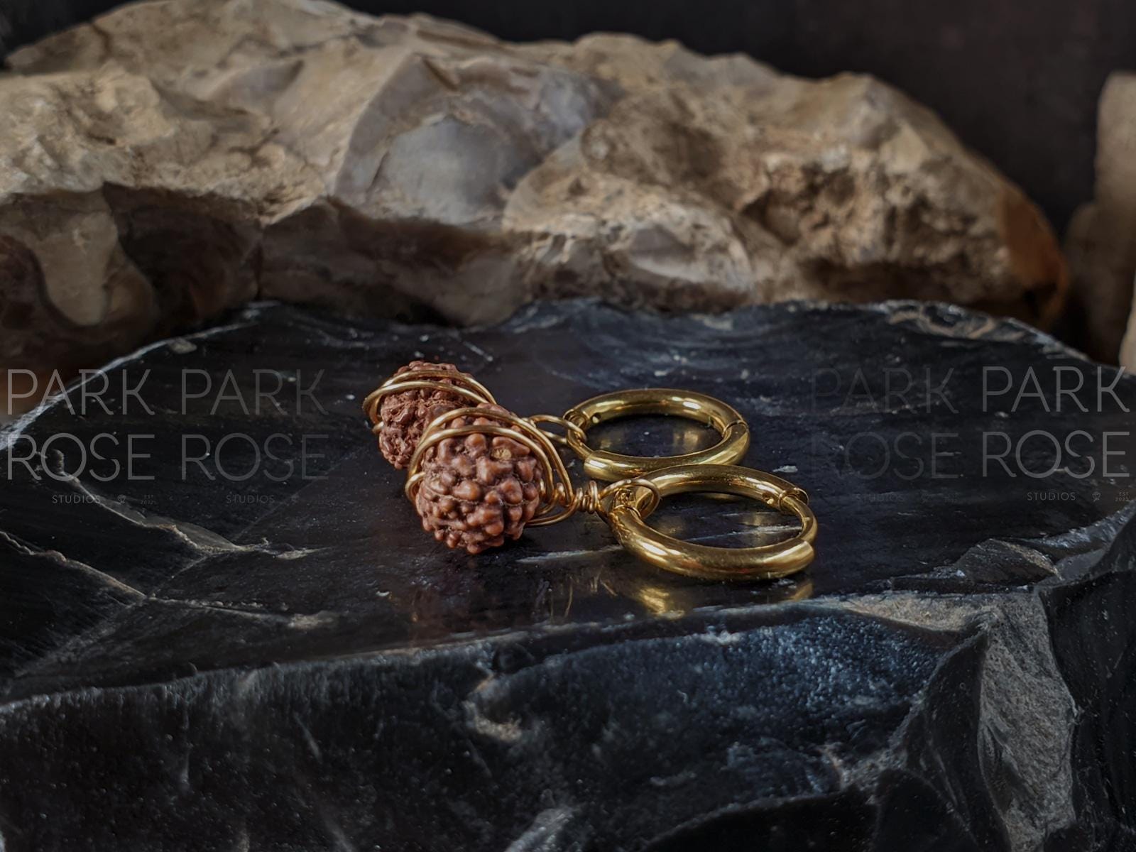 Natural Nepal Rudraksha Copper Wire Wrapped Hoop Earrings